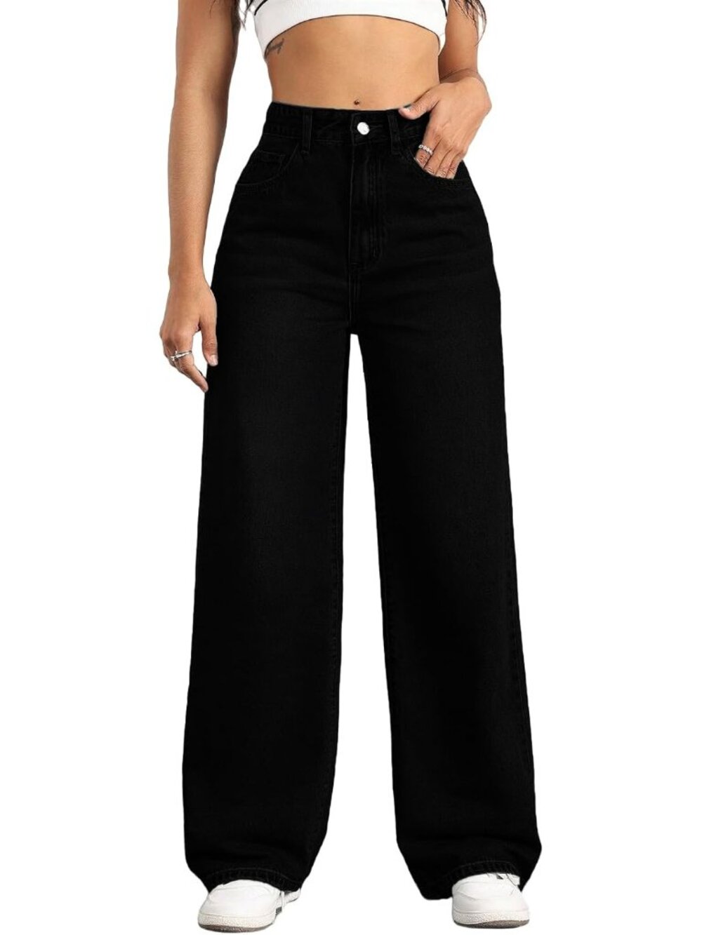 Women's Black High Waisted Wide Denim Pants Baggy Trendy Straight Leg Jeans
